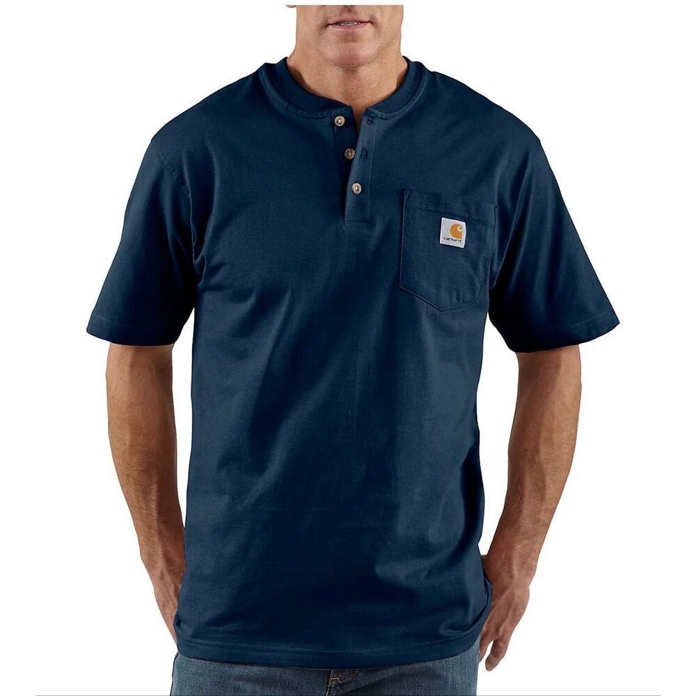 Carhartt Mens Henley T-Shirt 2XL Blue Short Sleeve Workwear Casual Pocket Tee